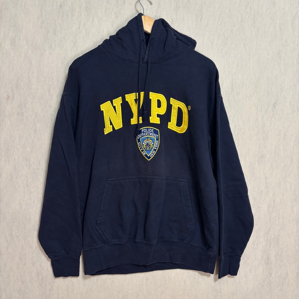 Offical NYC NYPD Hoodie Navy Blue Embroidered Logo Shield Patch Vtg Souvenir S